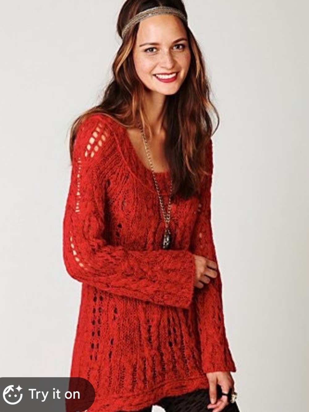 Free People Cable Fluted Pullover Sweater Red Scoop Neck Bell Sleeve XS